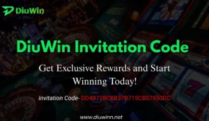 This promotional banner for DiuWin features the DiuWin Invitation Code with a casino-themed background showing roulette wheels and slot machines. It highlights exclusive rewards and bonuses for players who join using the special DiuWin invitation code.